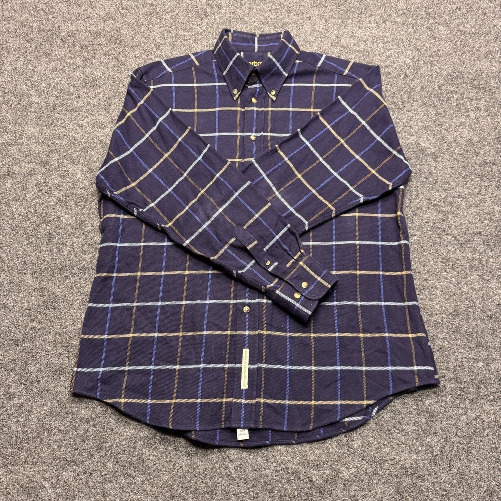 Barbour Button Down Men XL Navy Blue Coloured Tattersalls Plaid Heritage Classic